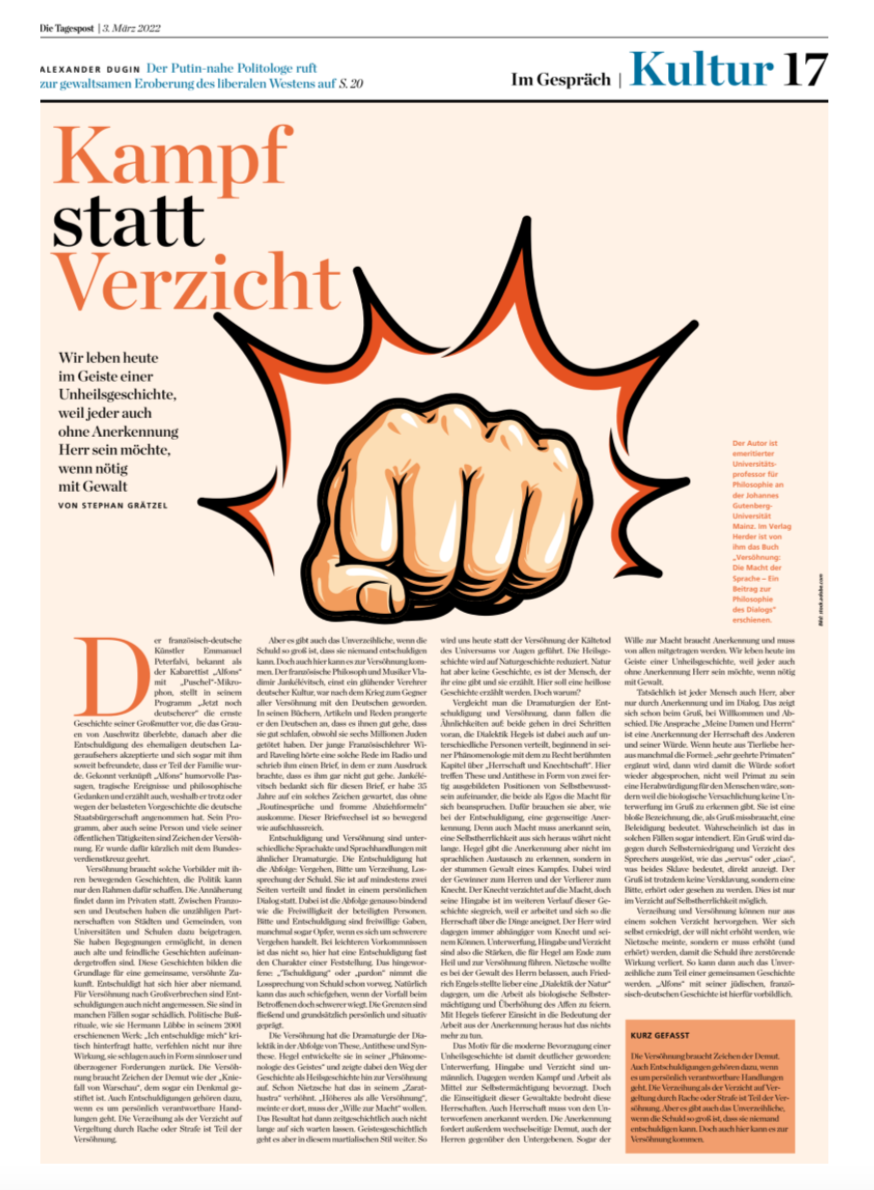Beitrag in der Tagespost, 03 / 2022, Kampf statt Verzicht<br />
Autor: Stephan Grätzel