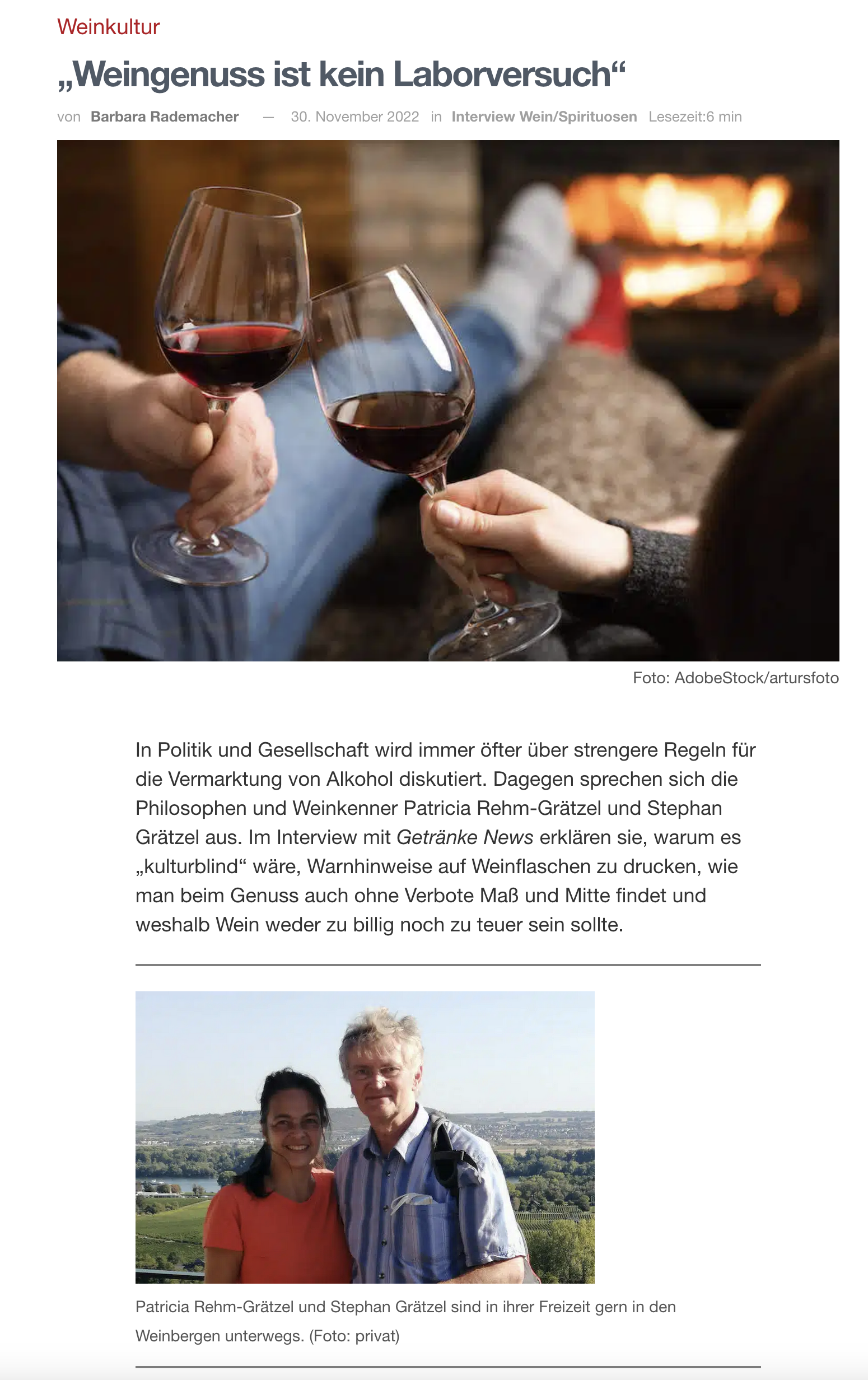 Beitrag in Getränkenews, 30.11.2022, "Weingenuss ist kein Laborversuch"<br />
Autor: Patricia Rehm-Grätzel, Stephan Grätzel