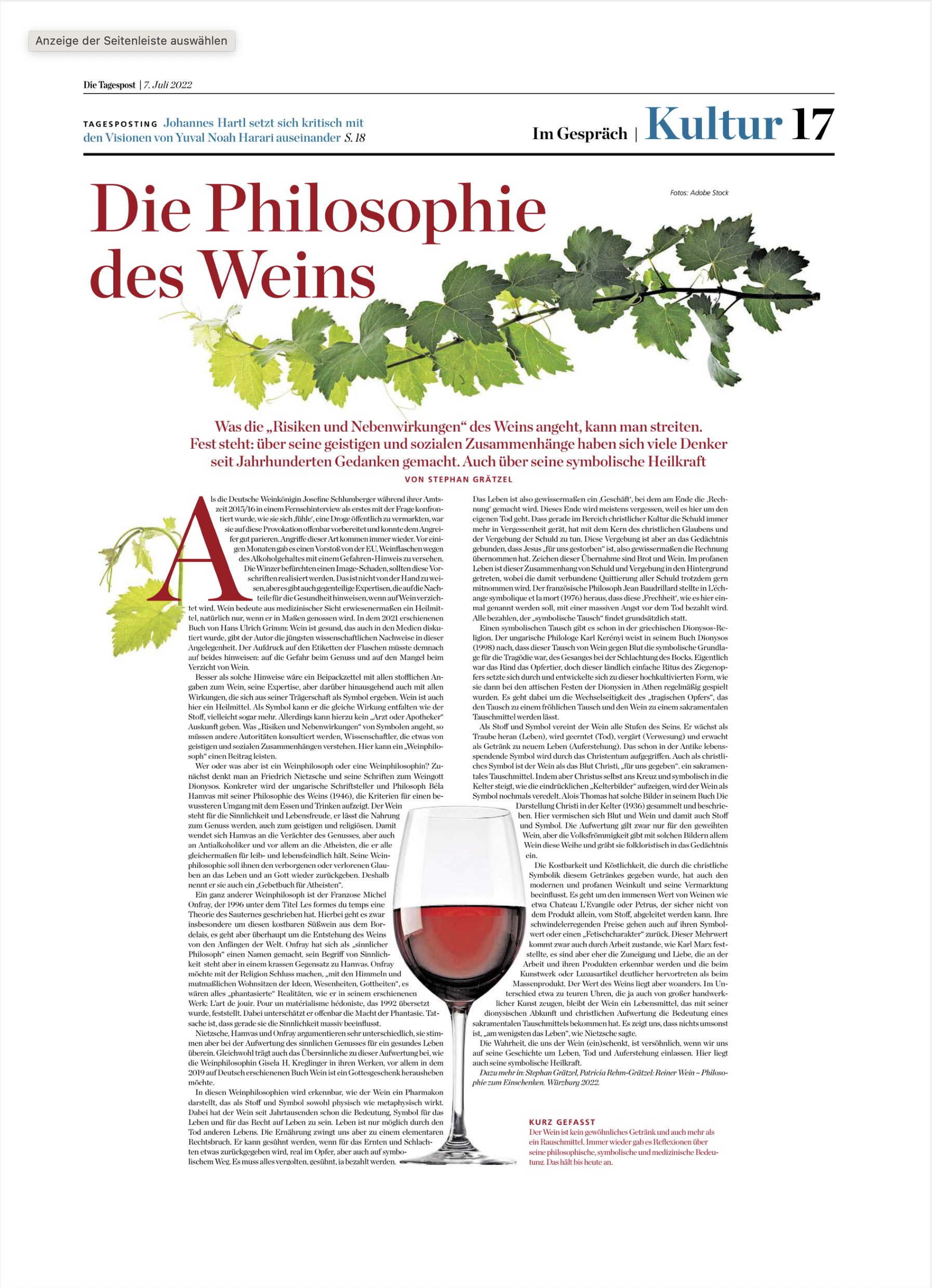 Artikel in der Tagespost, 07.07.2022, Die Philosophie des Weins<br />
Autor:  Stephan Grätzel